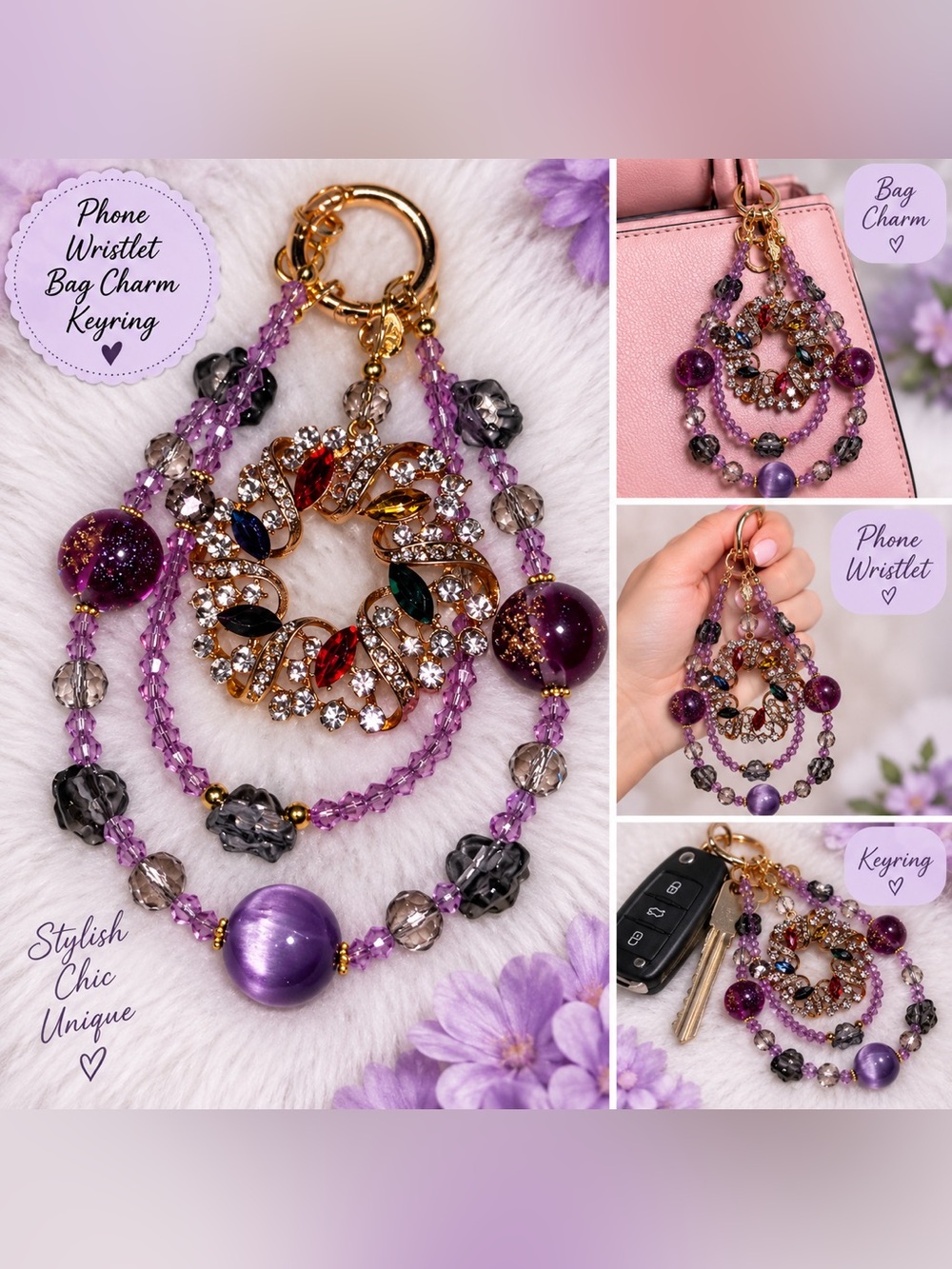 Purple Crystal Multi-Strand phone Charm wristletKeychain with Gold Wreath Accent
